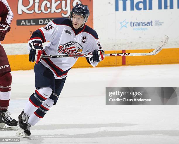 Eric Locke of the Saginaw Spirit skates against the Peterborough Petes during an OHL game at the Peterborough Memorial Centre on February 20, 2014 in...