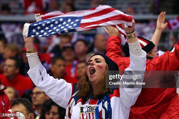 United States fan attends the Men's Ice Hockey Semifinal Playoff between Canada and the United States on Day 14 of the 2014 Sochi Winter Olympics at...