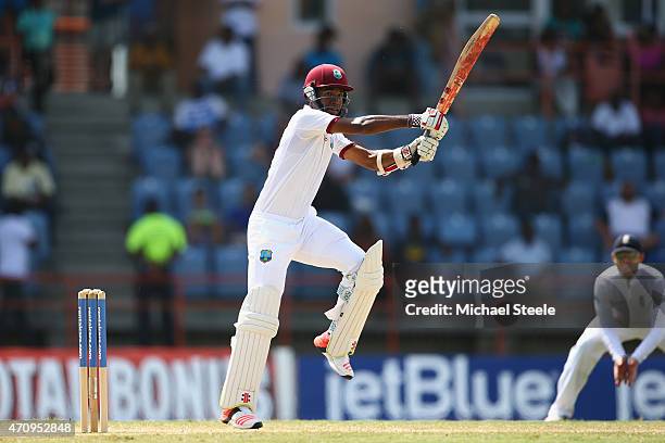 Kraigg Brathwaite of West Indies cuts a delivery from Chris Jordan of England during day four of the 2nd Test match between West Indies and England...