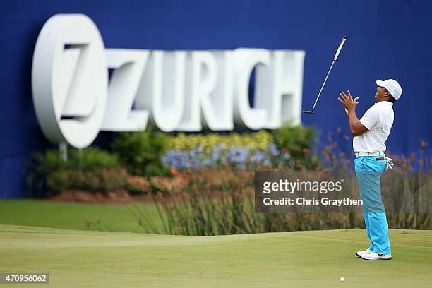Jhonattan Vegas of Venezuela reacts to a missed putt on the 18th hole during round two of the Zurich Classic of New Orleans at TPC Louisiana on April...