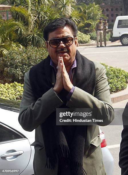 Shatrughan Sinha arrives at Parliament House on the last day of 15th Lok Sabha on February 21, 2014 in New Delhi, India. Rajya Sabha passed the...