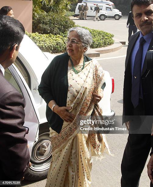 Gursharan Kaur, wife of Prime Minister of Manmohan Singh talks with media persons as she arrives at Parliament House to attend the Parliament session...