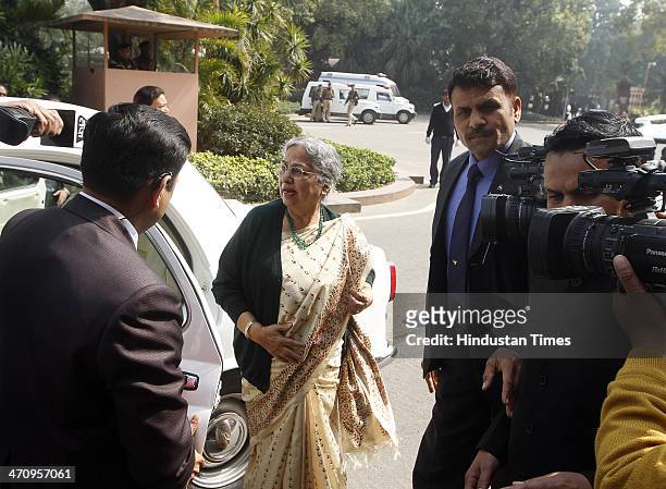 Gursharan Kaur, wife of Prime Minister of Manmohan Singh talks with media persons as she arrives at Parliament House to attend the Parliament session...