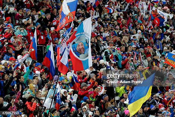 Fans enjoy the atmosphere during the Women's 4 x 6 km Relay during day 14 of the Sochi 2014 Winter Olympics at Laura Cross-country Ski & Biathlon...