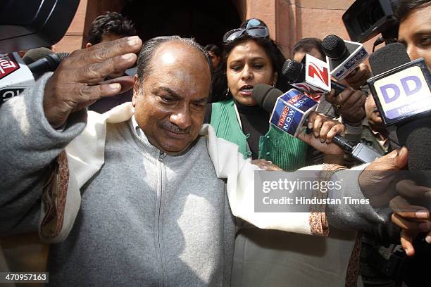 Defence Minister A.K.Antony avoids media persons at Parliament House on the last day of 15th Lok Sabha on February 21, 2014 in New Delhi, India....