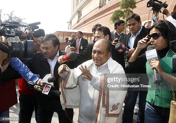 Defence Minister A.K.Antony avoids media persons at Parliament House on the last day of 15th Lok Sabha on February 21, 2014 in New Delhi, India....