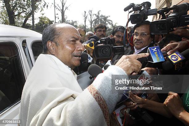 Defence Minister A.K.Antony talks with media persons at Parliament House on the last day of 15th Lok Sabha on February 21, 2014 in New Delhi, India....