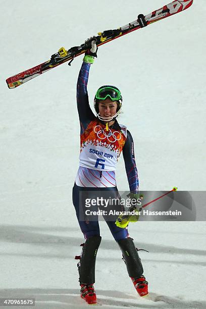 Mikaela Shiffrin of the United States celebrates winning gold after her second run during the Women's Slalom during day 14 of the Sochi 2014 Winter...