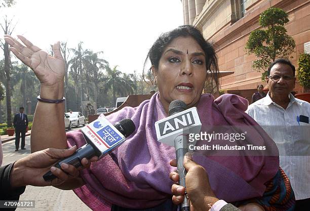 Congress leader Renuka Chaudhary talks with media at Parliament House on the last day of 15th Lok Sabha on February 21, 2014 in New Delhi, India....