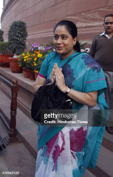 Vijayashanti arrives at Parliament House on the last day of 15th Lok Sabha on February 21, 2014 in New Delhi, India. Rajya Sabha passed the Whistle...