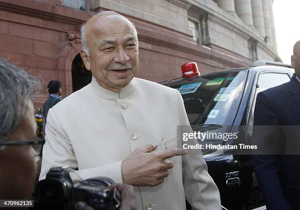 Home Minister Sushilkumar Shinde arrives at Parliament House on the last day of 15th Lok Sabha on February 21, 2014 in New Delhi, India. Rajya Sabha...