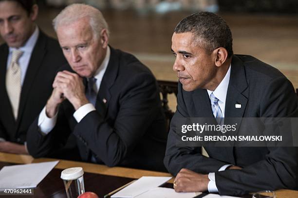 Vice President Joseph R. Biden and US President Barack Obama wait for a meeting with the Democratic Governors Association in the State Dining Room of...