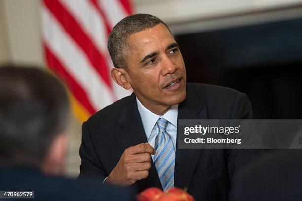 President Barack Obama speaks while meeting with members of the Democratic Governors Association in the State Dining Room of the White House in...