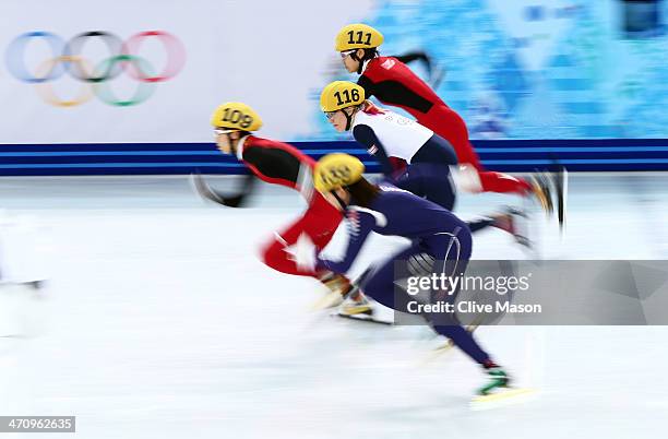 Kexin Fan of China, Suk Hee Shim of South Korea, Elise Christie of Great Britain and Jianrou Li of China compete in the Short Track Women's 1000m...