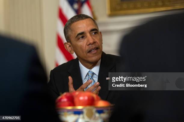 President Barack Obama speaks while meeting with members of the Democratic Governors Association in the State Dining Room of the White House in...