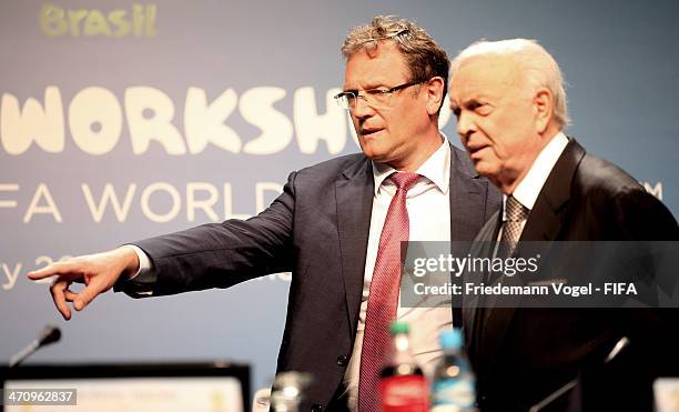 Secretary General Jerome Valcke and the president of the Brazilian Football Confederation , Jose Maria Marin attend the press conference after the...