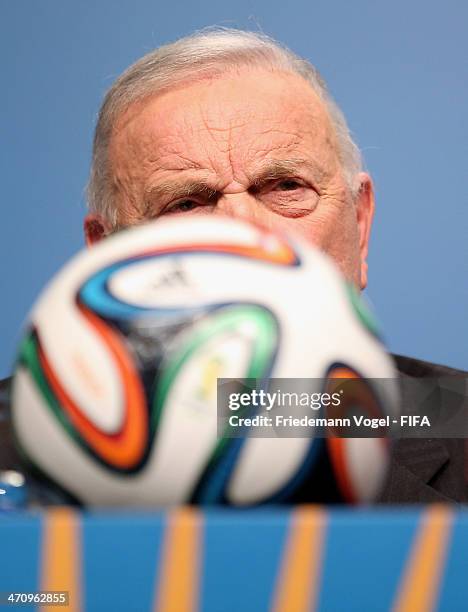 The president of the Brazilian Football Confederation , Jose Maria Marin attends the press conference after the LOC board meeting during the FIFA...