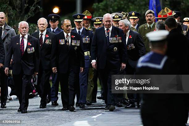 New Zealand Governor-General Sir Jerry Mateparae and Australian Governor-General Sir Peter Cosgrove arrive during the ANZAC Dawn Ceremony at the...
