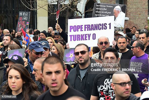 Tens of thousands of protesters take to the streets of Los Angeles on April 24 to march for justice and in memory of victims of the Armenian...