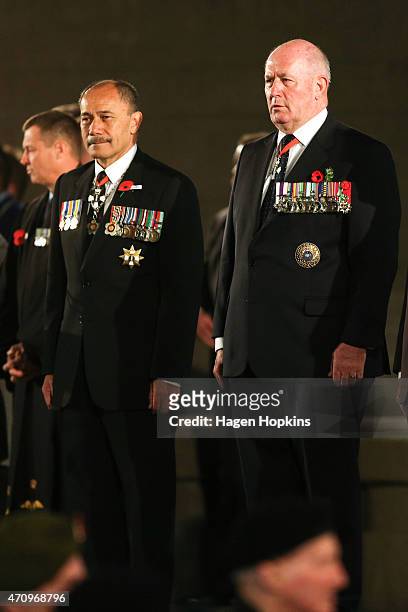 New Zealand Governor-General Sir Jerry Mateparae and Australian Governor-General Sir Peter Cosgrove look on during the ANZAC Dawn Ceremony at the...