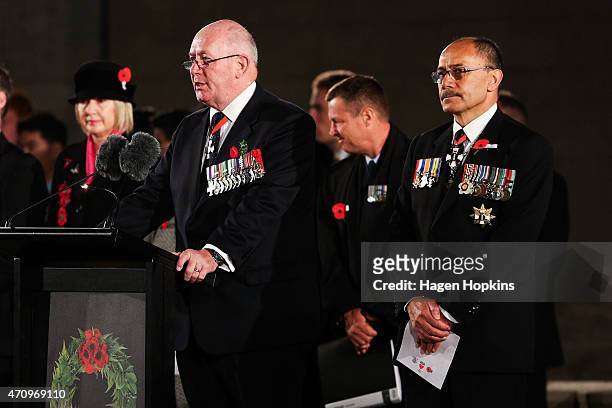 Australian Governor-General Sir Peter Cosgrove speaks while New Zealand Governor-General Sir Jerry Mateparae looks on during the ANZAC Dawn Ceremony...