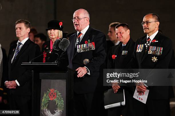 Australian Governor-General Sir Peter Cosgrove speaks while Acting Prime Minister Bill English and New Zealand Governor-General Sir Jerry Mateparae...