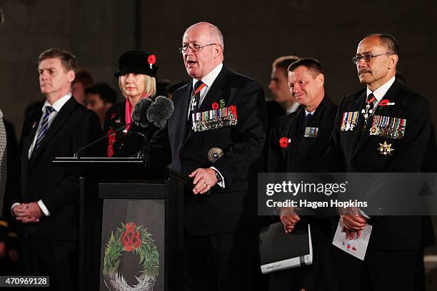 Australian Governor-General Sir Peter Cosgrove speaks while Acting Prime Minister Bill English and New Zealand Governor-General Sir Jerry Mateparae...