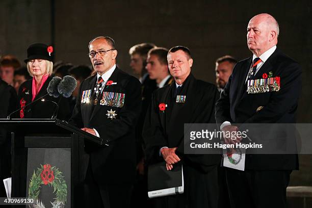New Zealand Governor-General Sir Jerry Mateparae speaks while Australian Governor-General Sir Peter Cosgrove looks on during the ANZAC Dawn Ceremony...