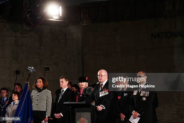 Australian Governor-General Sir Peter Cosgrove speaks while New Zealand Governor-General Sir Jerry Mateparae looks on during the ANZAC Dawn Ceremony...