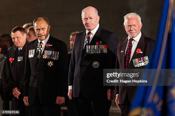 New Zealand Governor-General Sir Jerry Mateparae speaks and Australian Governor-General Sir Peter Cosgrove look on during the ANZAC Dawn Ceremony at...
