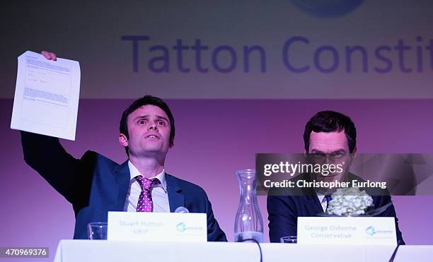 Candidate Stuart Hutton and conservative Chancellor George Osborne take part in an election hustings event for the Tatton constituency at Knutsford...