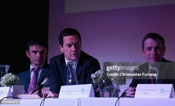 Candidate Stuart Hutton Conservative Chancellor George Osborne and Labour candidate David Pinto-Duschinsky take part in an election hustings event...