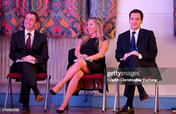 Conservative Chancellor George Osborne, Labour candidate David Pinto-Duschinsky and the Green Party's Tina-Louise Rothery, wait to go on stage as...