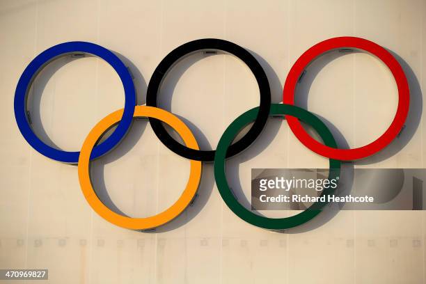 The Olympic Rings displayed during the Women's 4 x 6 km Relay during day 14 of the Sochi 2014 Winter Olympics at Laura Cross-country Ski & Biathlon...