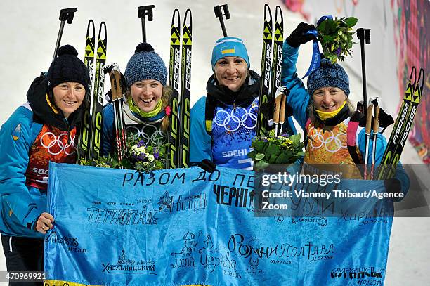 Team Ukraine celebrates winning the gold medal during the Biathlon Women's Relay at the Laura Cross-country Ski & Biathlon Center during the Sochi...