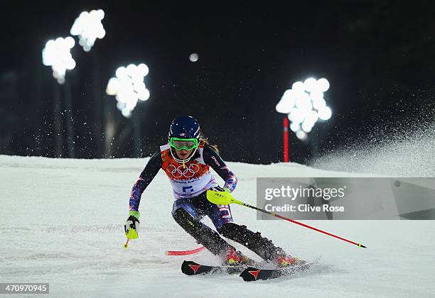 Mikaela Shiffrin of the United States in action during the Women's Slalom during day 14 of the Sochi 2014 Winter Olympics at Rosa Khutor Alpine...