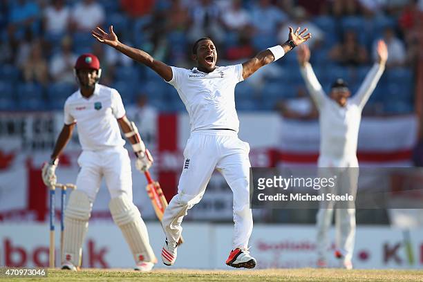 Chris Jordan of England appeals unsuccessfully for the wicket of Kraigg Brathwaite of West Indies during day four of the 2nd Test match between West...
