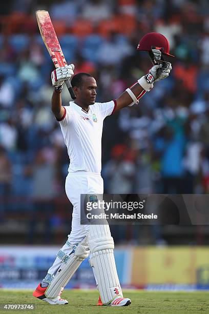 Kraigg Brathwaite of West Indies celebrates reaching his century during day four of the 2nd Test match between West Indies and England at the...