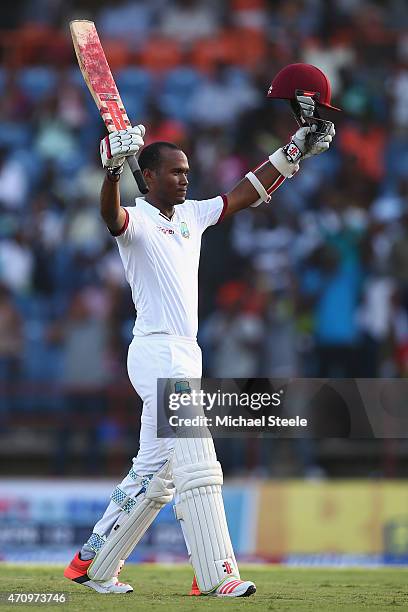 Kraigg Brathwaite of West Indies celebrates reaching his century during day four of the 2nd Test match between West Indies and England at the...