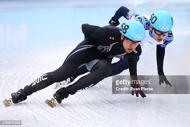 Celski of the United States and Victor An of Russia compete in the Short Track Men's 5000m Relay Final A on day fourteen of the 2014 Sochi Winter...