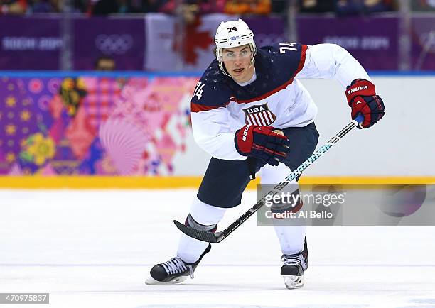 Oshie of the United States skates during the Men's Ice Hockey Semifinal Playoff against Canada on Day 14 of the 2014 Sochi Winter Olympics at Bolshoy...