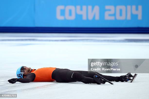 Daan Breeuwsma of the Netherlands looks dejected after in the Short Track Men's 5000m Relay on day fourteen of the 2014 Sochi Winter Olympics at...