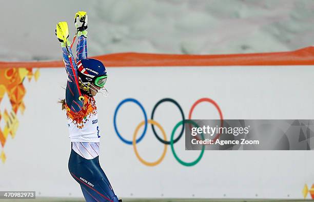 Mikaela Shiffrin of the USA wins the gold medal during the Alpine Skiing Women's Slalom at the Sochi 2014 Winter Olympic Games at Rosa Khutor Alpine...