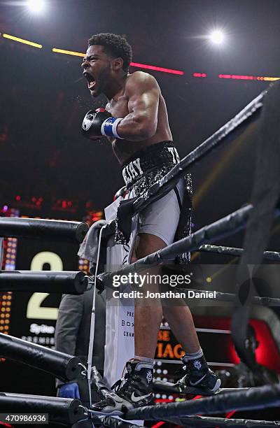 Semajay Thomas celebrates a TKO against Jose Santiago during a welterweight fight at the UIC Pavilion on April 24, 2015 in Chicago, Illinois.