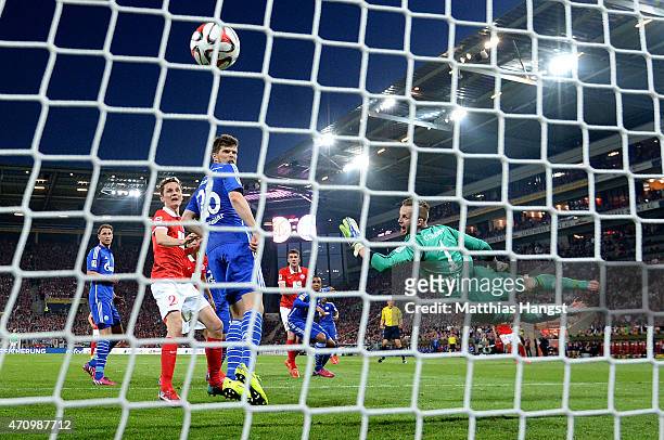 Stefan Bell of Mainz scores his team's 2nd goal during the Bundesliga match between 1. FSV Mainz 05 nd FC Schalke 04 at Coface Arena on April 24,...
