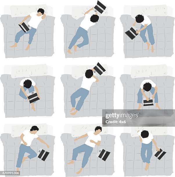 man lying down on bed - duvet stock illustrations