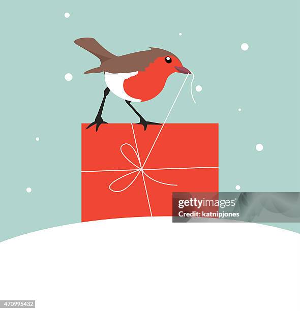 ilustrações, clipart, desenhos animados e ícones de robin com presente de natal - robin