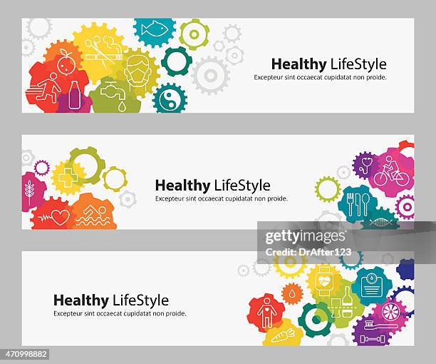 banners with vibrant gears and healthy lifestyle icons - healthy working stock illustrations