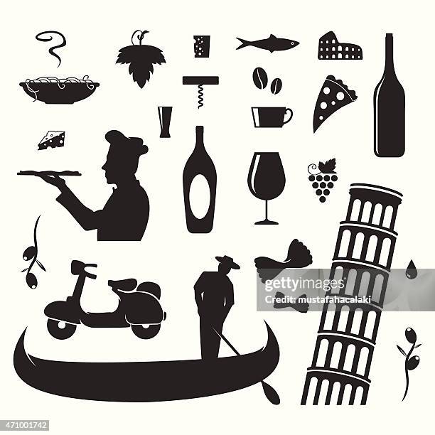 italian culture symbols and silhouettes - pisa tower stock illustrations