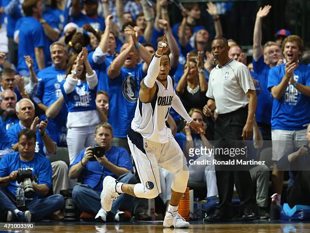 Monta Ellis of the Dallas Mavericks reacts against the Houston Rockets during Game Three of the Western Conference quarterfinals of the 2015 NBA...